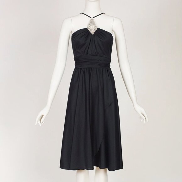 1970s Vintage Pearl Neckline Black Draped Jersey Evening Dress Sz XS - Picture 3 of 5
